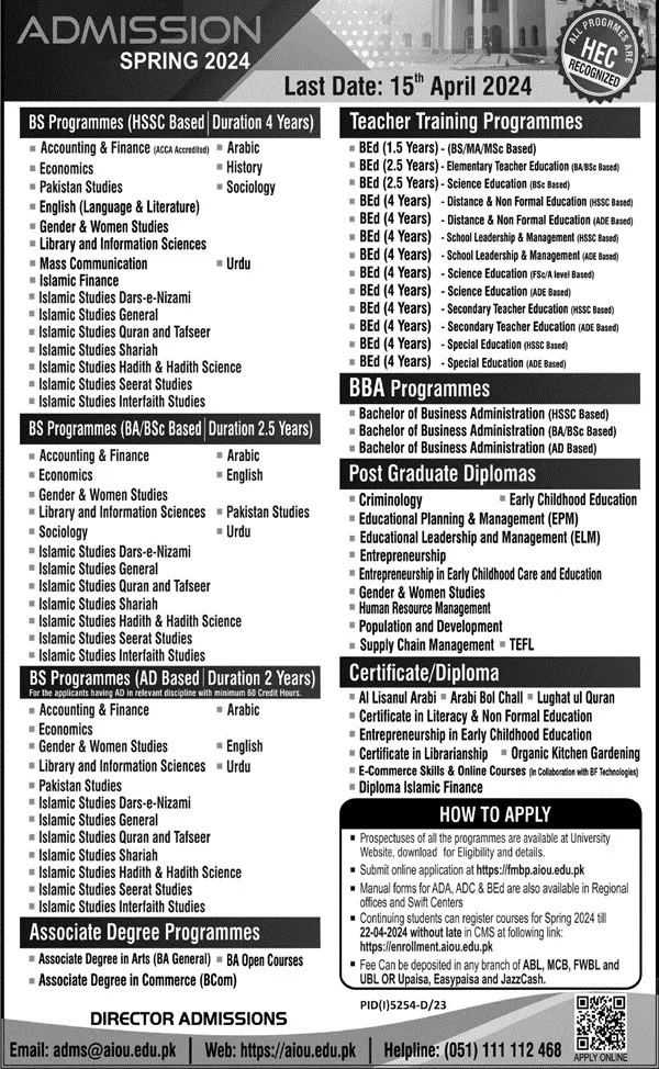 AIOU BS Admission Advertisement 2024